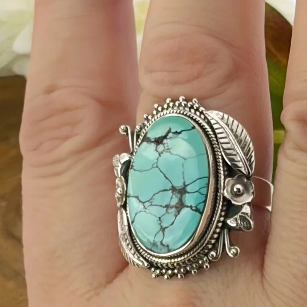Southwest Spiderweb Turquoise Ring Size 9 Navajo Style Pure Sterling Silver 925